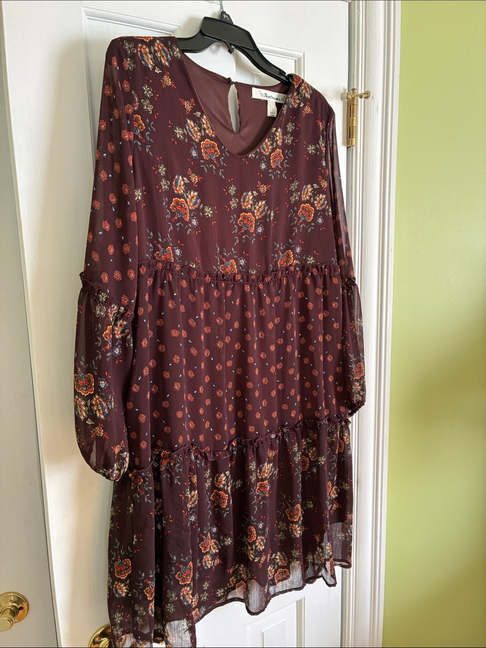 Floral Tiered Chiffon Dress - Burgundy. Size L - Picture 5 of 8